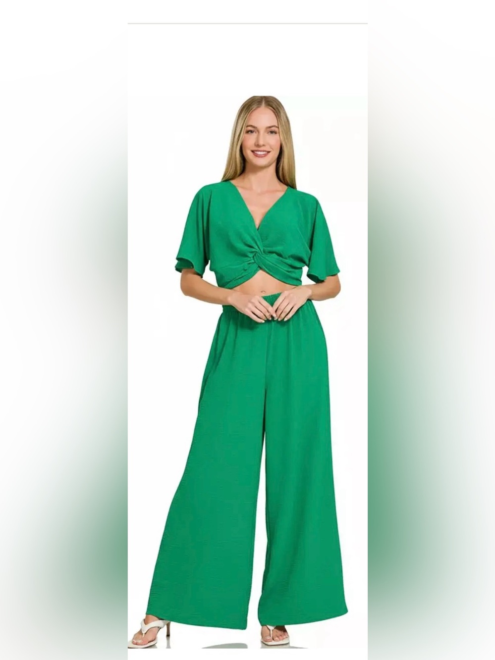 NWOT Zenana Outfitters Emerald Green Wide-Leg Crop Top & Pants Set - Picture 2 of 3